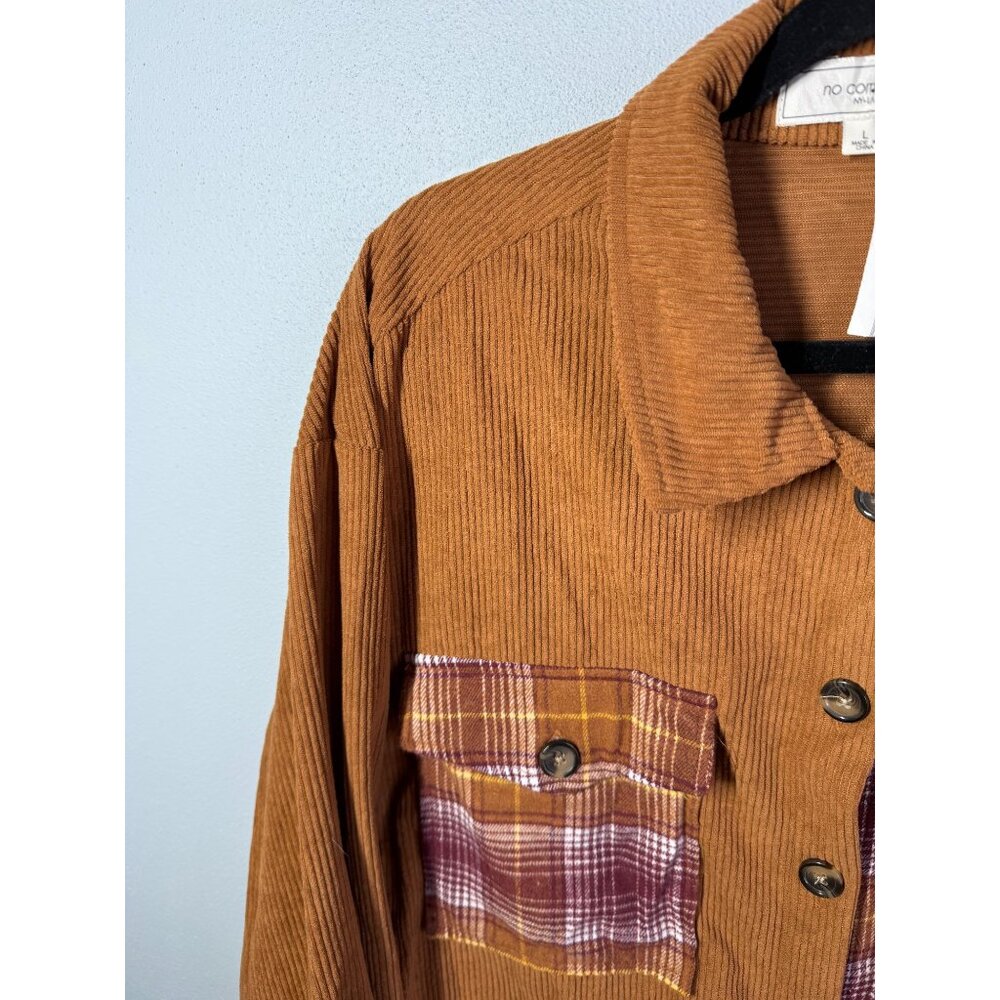 NWT N.Y.L.A. Patchwork Corduroy Flannel Shacket Womens Large‎ Brown/Burgundy - Picture 7 of 12